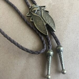 Western cicada bolo tie, featuring a bronze tone finish metal insect pendant